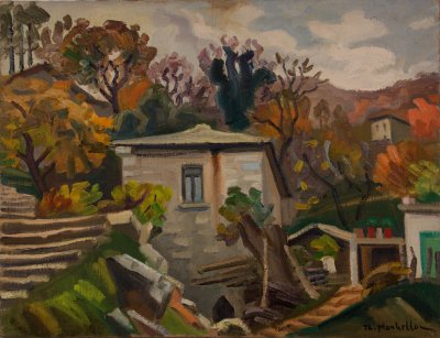 Pouri Pelion, House, Stairs — Oil painting, Canvas, 50.00×65.00cm — Theodoros Markellos
